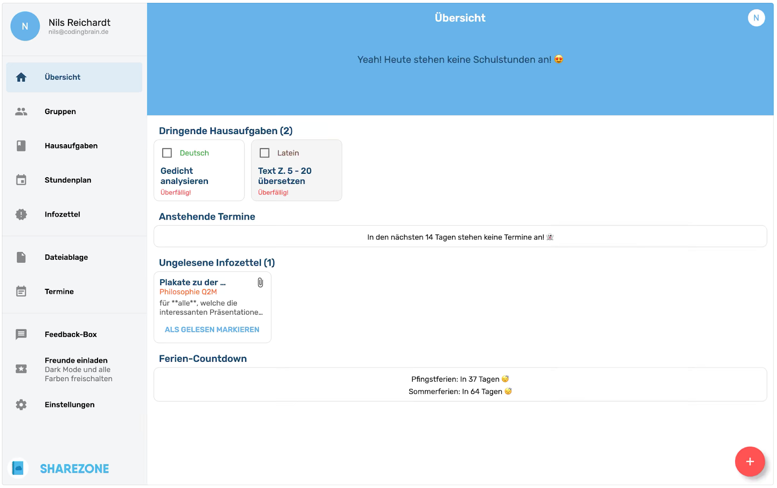 Sharezone Schulplan — an app for students, educators and parents to track homework, study groups and timetables.